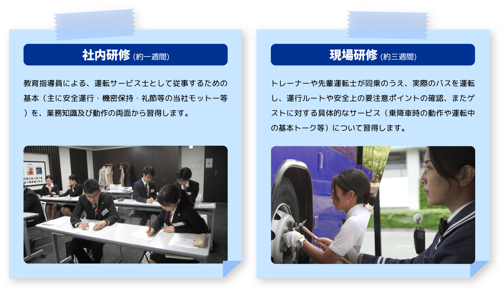 社内研修（約1週間）教育指導員による、運転サービス士として従事するための基本（主に安全運行・機密保持・礼節等の当社モットー等）を、業務知識及び動作の両面から習得します。現場研修 (約三週間)トレーナーや先輩運転士が同乗のうえ、実際のバスを運転し、運行ルートや安全上の要注意ポイントの確認、またゲストに対する具体的なサービス（乗降車時の動作や運転中の基本トーク等）について習得します。