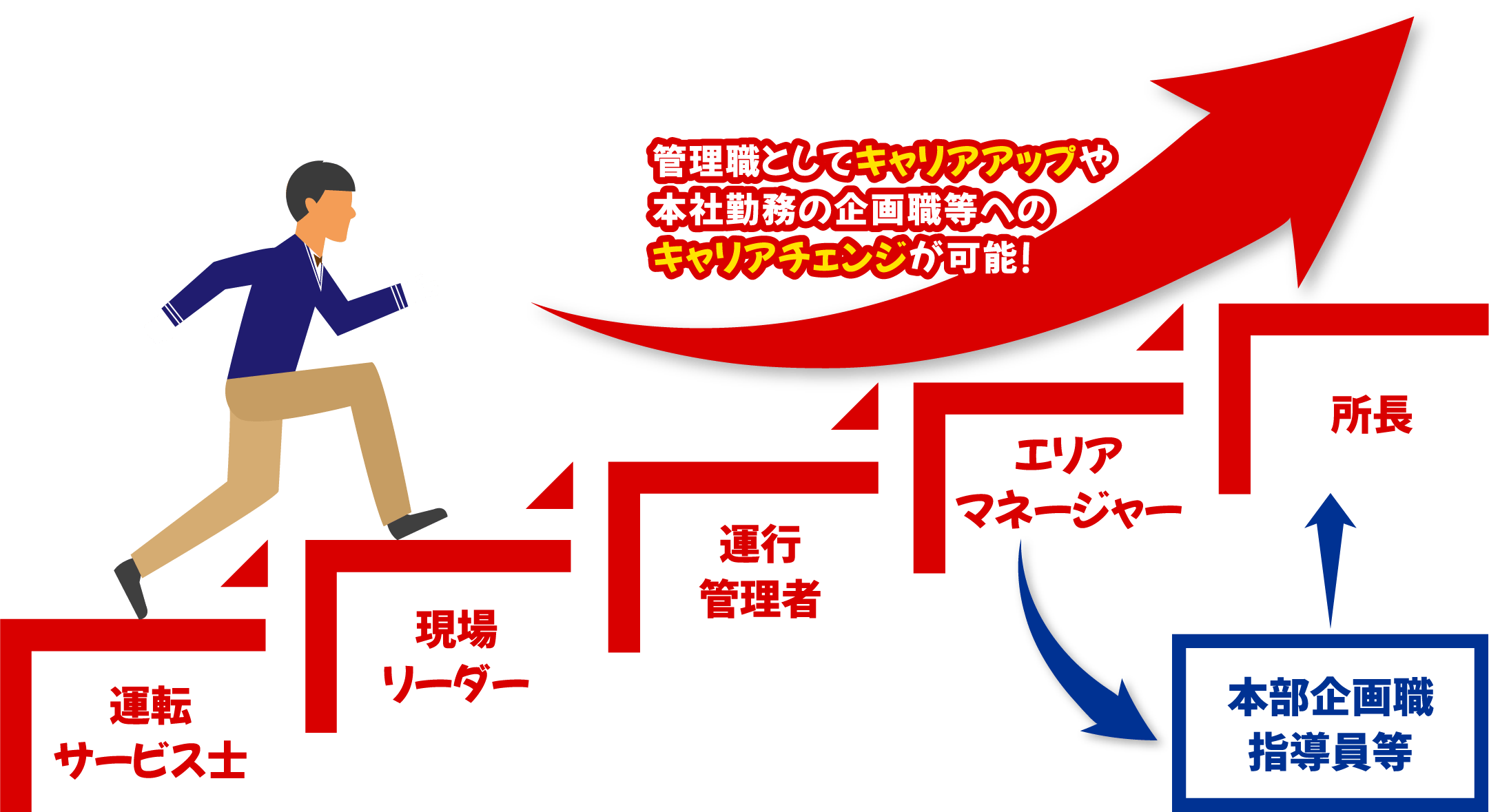 管理職としてキャリアップや本社勤務の企画職等へのキャリアチェンジが可能！運転サービス士としてより高みを目指すことも可能！